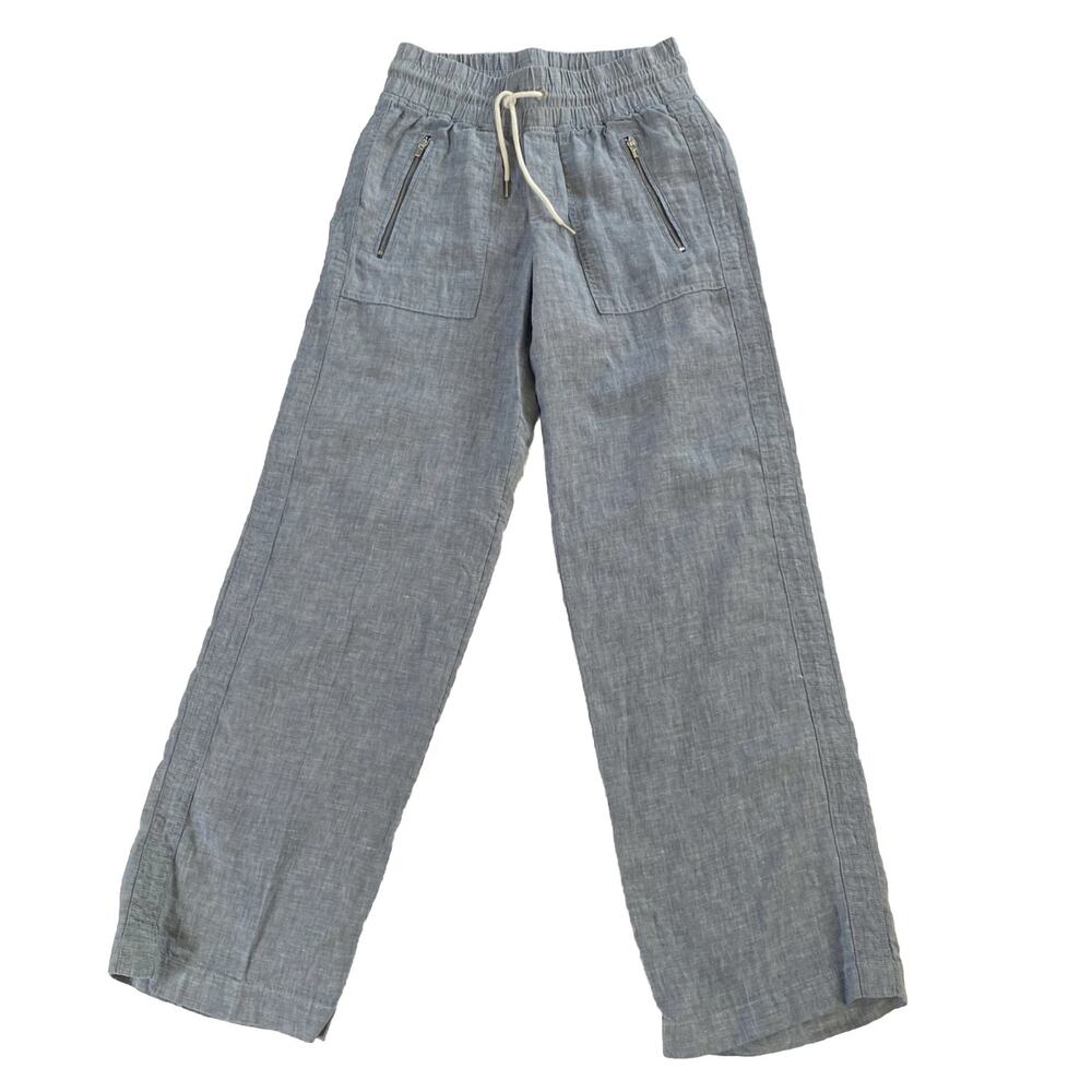 Athleta Cabo Linen Wide Leg Pant Women's 8 Chambray Blue Zip Pocket